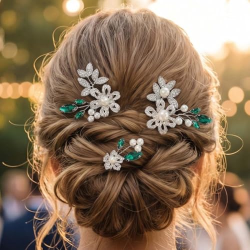 CASDRE Green Crystal Pearl Wedding Hair Pins Bridal Hair Pieces (Pack of 3)