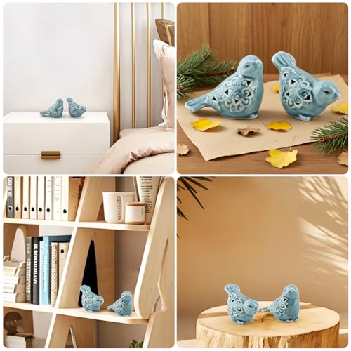 Set of 2 Blue Ceramic Bird Figurines for Home Decor