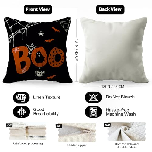 Halloween Ghost Pillow Covers Set of 4 - Black & Orange Decorative Cushion Cases