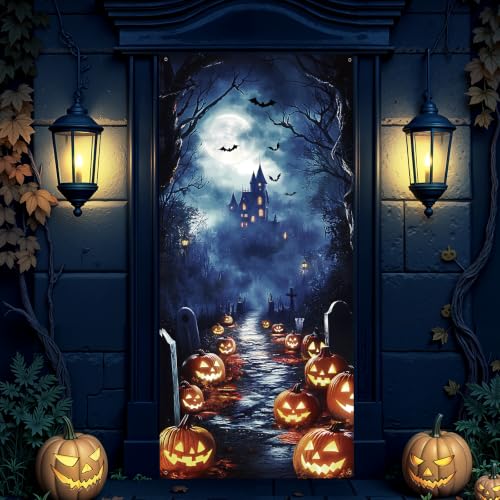 Halloween Pumpkin Castle Door Cover - 35x79 Inch Spooky Banner