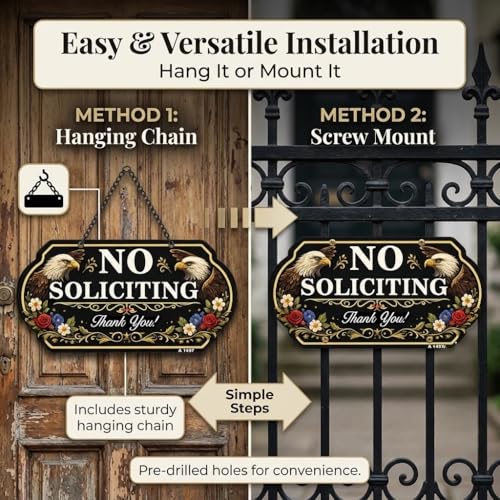 No Soliciting Sign - Decorative Aluminum Door Sign with Chain