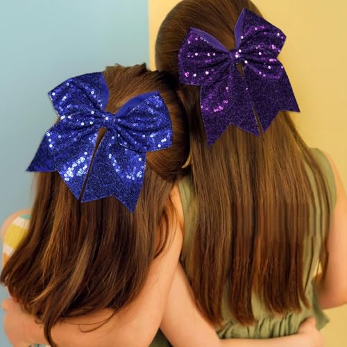JOYRUBY 7 Inch Large Sequin Deep Blue Hair Bow Clip Cheer Bow