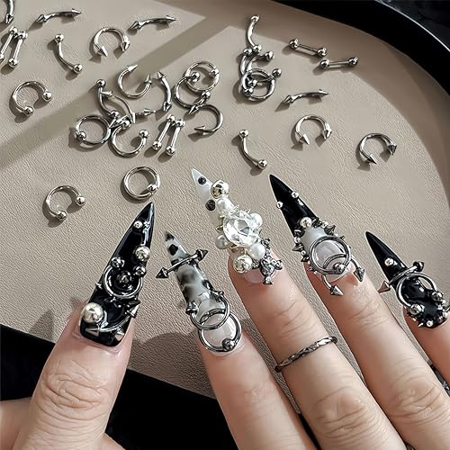 100PCS Goth Piercing Nail Charms Silver Metal Rings Cone Spikes Y2K