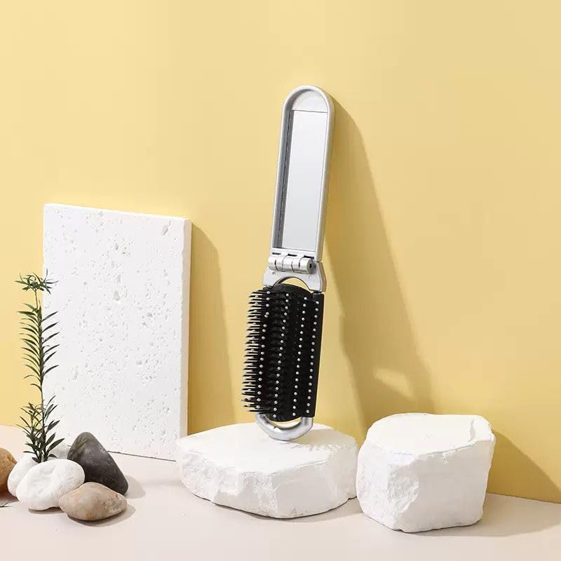 Foldable Hair Brush with Mirror Portable Travel Detangling Comb