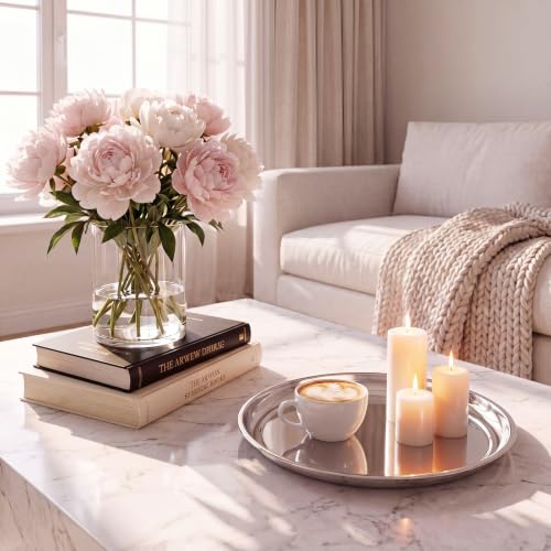 14 Inch Silver Mirror Decorative Tray Set - Round Stainless Steel