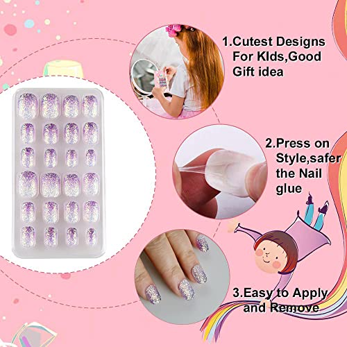 Kids Press on Nails 24Pcs Purple Gradient Glitter Short False Nails