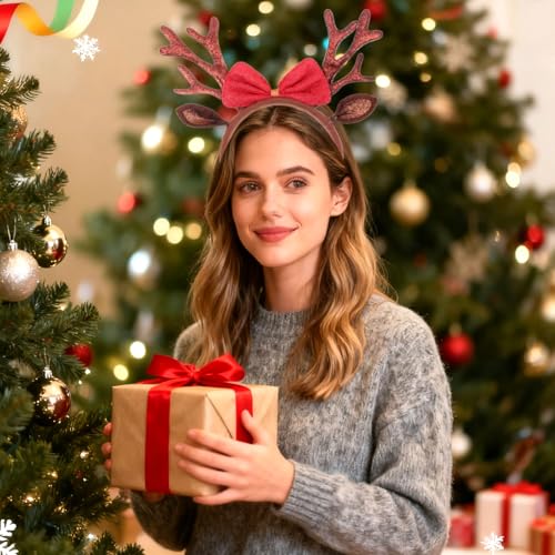 Ecuupas Brown Glitter Antlers Christmas Headband with Red Bow