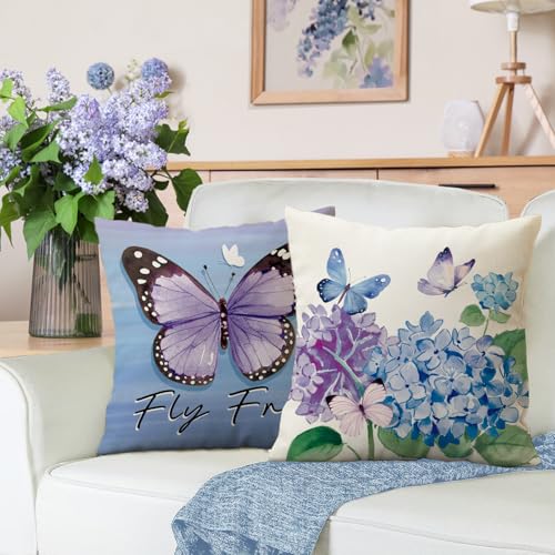Butterfly Decorative Throw Pillow Covers Set of 4 - 16x16 Blue Floral