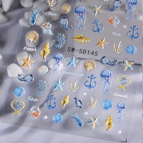 KAICCOSO 5D Embossed Starfish & Shell Nail Stickers - 3 Sheets Summer Beach DIY Manicure Decals