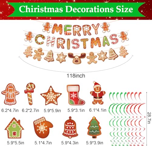 Gingerbread Christmas Decorations Set - Merry Christmas Banner & Hanging Swirls