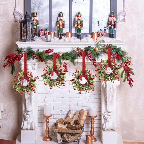 Christmas Wreaths Set - 18 Mini Faux Green Wreaths with Plaid Bows & Bells, Indoor Decor