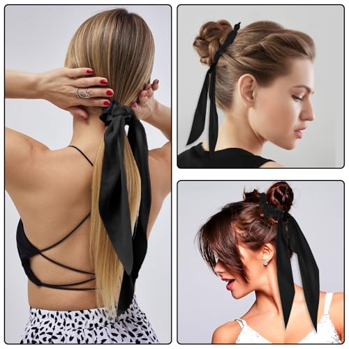 Mabor Satin Hair Scarf Scrunchies with Bow Tail - 2 Pcs Black Ribbon Ponytail Holder