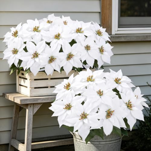 Artificial Poinsettia Flowers Christmas Decor 4PCS White Flocked Holiday Plants