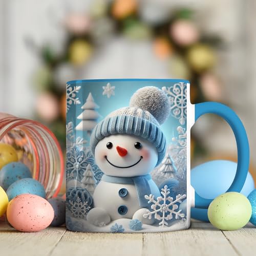 Christmas Mug - Adorable Snowman Winter Coffee Cup with Frosty Blue Design