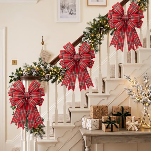 Large Red Christmas Plaid Tartan Bow Wreath Decor - 17.7 x 14.5 Inches