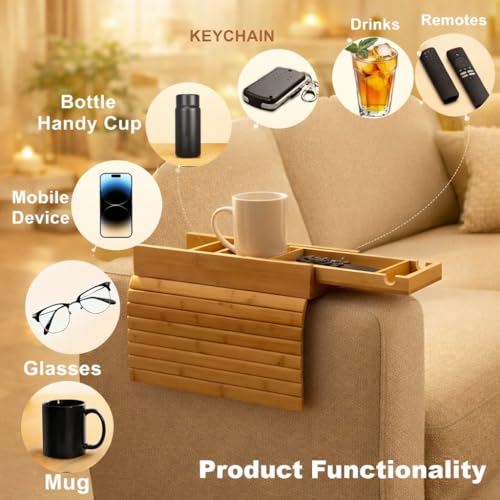 Bamboo Sofa Armrest Tray with Detachable Couch Cup Holder, 2-in-1 Foldable Anti-Slip Couch Arm Tray, Sofa Arm Organizer for Drinks, Remotes, Phone, and Snacks, Portable Armrest Caddy Table.