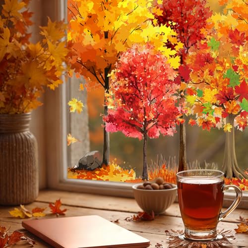 Fall Tree Window Clings - 9 Sheets Autumn Maple Leaf Glass Decals