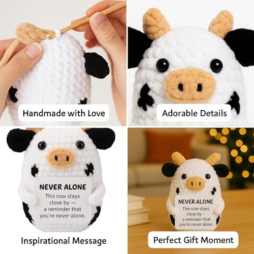 Handmade Crochet Cow Plush – Emotional Support Knitted Gift with Card