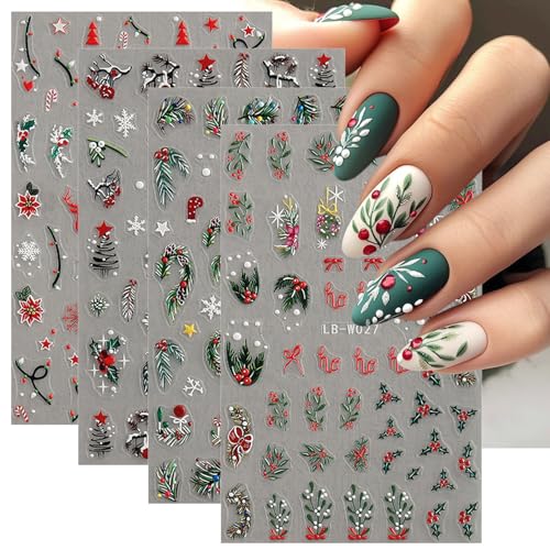 Christmas Nail Art Stickers 3D Embossed Winter Holiday Decals 4 Sheets