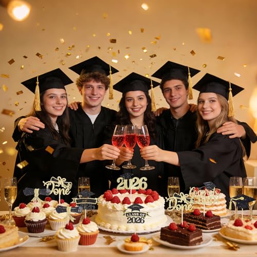 2026 Graduation Cupcake Toppers - 60 Pcs Black Gold Decor