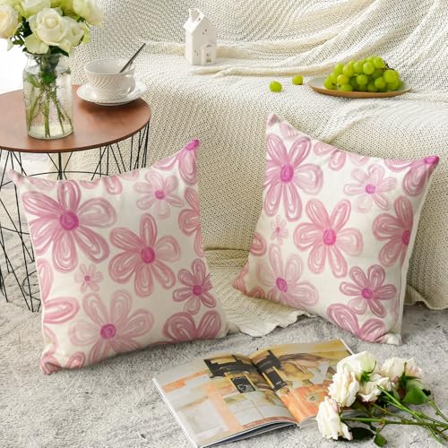AVOIN colorlife Pink Daisy Throw Pillow Covers, 18x18 Inch, Set of 2