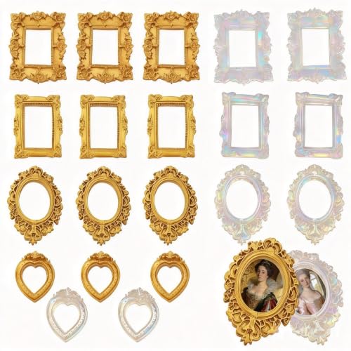 20 Mini Vintage Picture Frames Set - Antique Gold & Holographic Resin