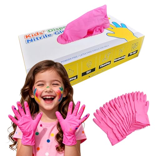 AYUMAT Kids Pink Nitrile Gloves, 100pcs, Latex-Free & Waterproof