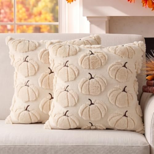 DANGEAB Fall Pumpkin Pillow Covers 18x18, Beige Set of 2 Autumn Decor