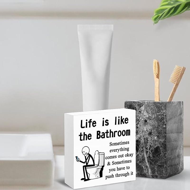 Funny Bathroom Sign Decor - Inspirational Wooden Shelf Art
