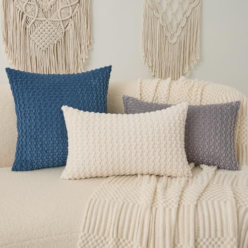 UGASA 12x20 Inch Velvet Lumbar Pillow Cover - Cream Striped Cushion