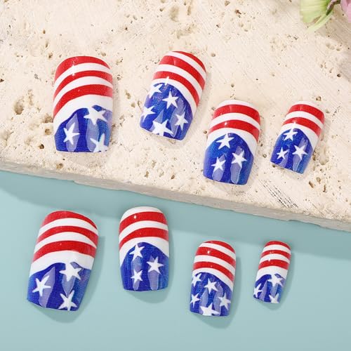 4th of July Press on Nails Medium Square Blue Red USA Flag False Nails