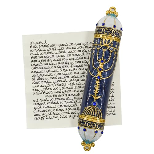 Blue Mezuzah with Scroll for Door - Zinc Alloy & Enamel, 5 x 0.86 in