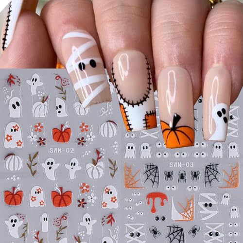 Halloween Nail Art Stickers 3D Self-Adhesive Ghost Pumpkin Decals 2 Sheets