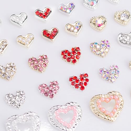 3D Heart Nail Charms Rhinestones Silver Alloy Crystal Gems 12Pcs