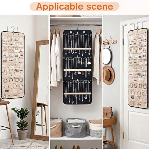 Oqqlin Double-Sided Hanging Jewelry Organizer with 43 Pockets & 21 Hooks
