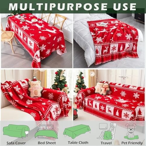 Reversible Christmas Sofa Slipcover Deer Snowflake Pattern Red White 134x71 with Tassels