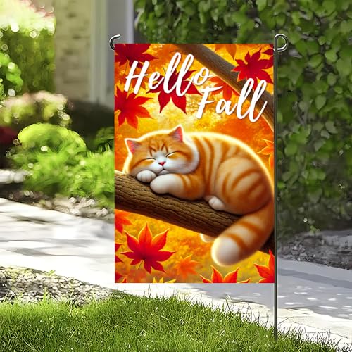 Hello Fall Garden Flag 12x18 Inch - Cute Cat & Maple Leaves