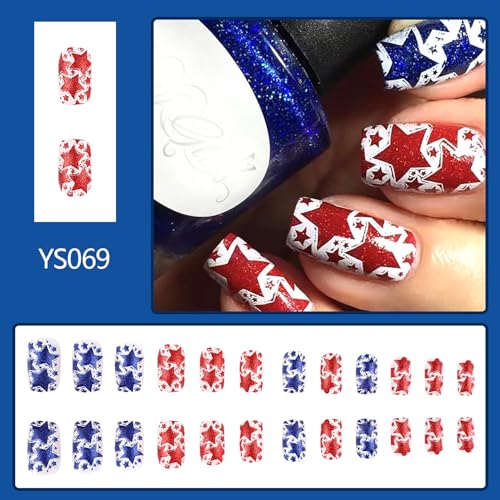 4th of July Press on Nails Medium Square Red Blue Stars Glitter Acrylic False Nails