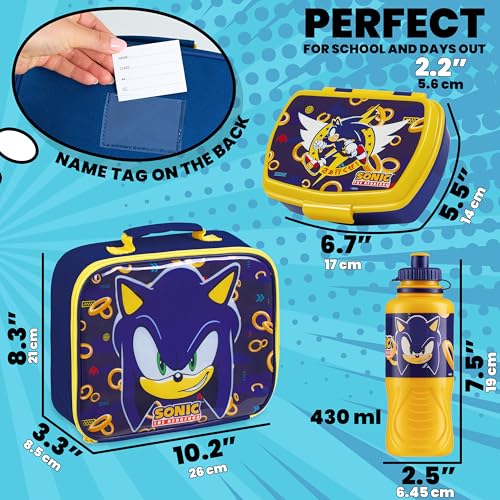 SONIC THE HEDGEHOG Kids Lunch Box 3 Piece Set Insulated Lunch Bag Snack Box 430ml Water Bottle BPA Free School Travel Official Merchandise