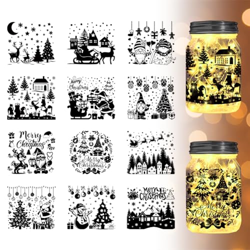 12 Pcs Christmas Silhouettes Jar Stickers - Snowman, Tree & Santa Decals