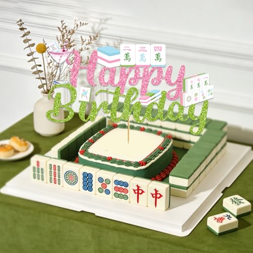 Green Mahjong Cake Topper - Glitter Mahjong Party Decoration for Cakes