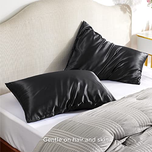 Bedsure Satin Pillowcase Set of 2, Black Queen Size with Zipper
