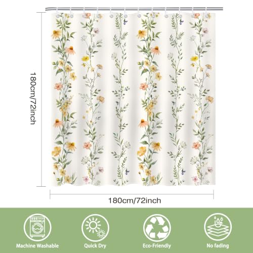 Boho Floral Shower Curtain - Green Vines, Waterproof, 72x72 inches