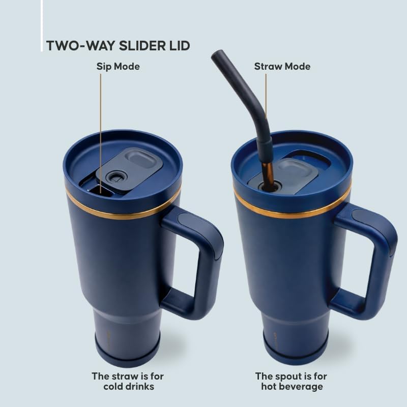 Skiennix 40oz Travel Tumbler Cup - Vacuum Insulated with Handle & Slider Lid | Blue Gold