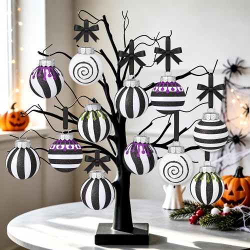24 Black and White Halloween Ball Ornaments - Gothic Christmas Decorations