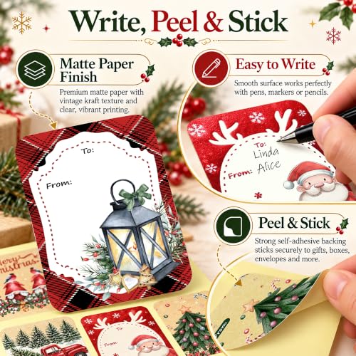 120 Pack Christmas Gift Tag Stickers - 8 Designs, Self-Adhesive Kraft Tags (Variation: Christmas With Snowman)