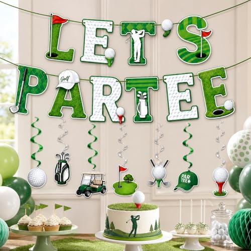 Golf Birthday Decorations Set - Par-Tee Banner & 7 Hanging Swirls