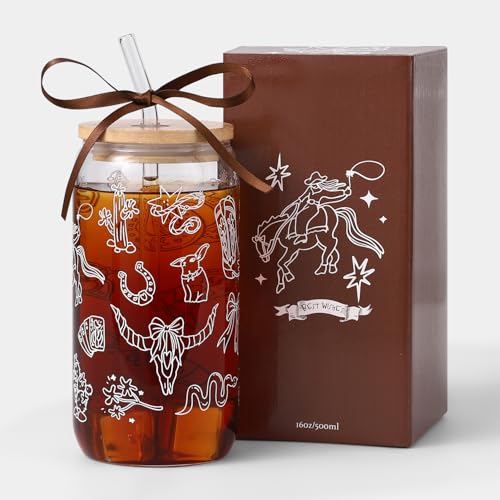 16oz Western Glass Tumbler with Lid & Straw - Perfect Cowgirl Gift