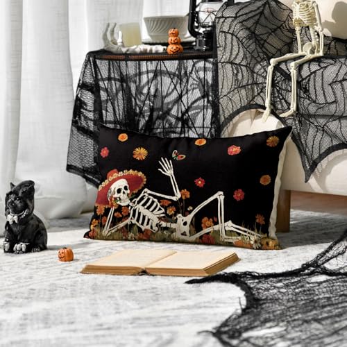Dia De Los Muertos Skeleton Marigold Throw Pillow Cover - 12x20