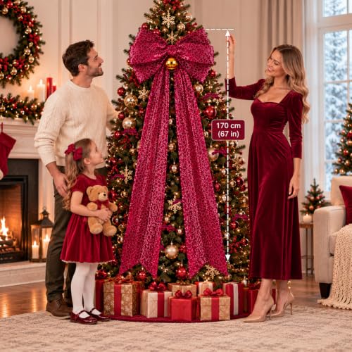 Large Burgundy Velvet Christmas Tree Topper with LED Lights - 1.97ft